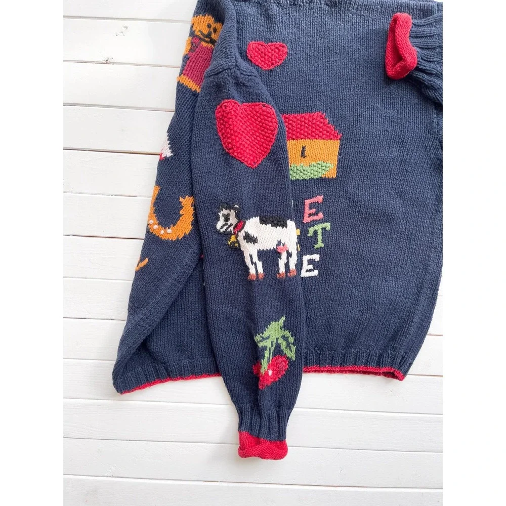 vtg Heirlooms navy blue turtleneck Americana farm country hand knit sweater‎